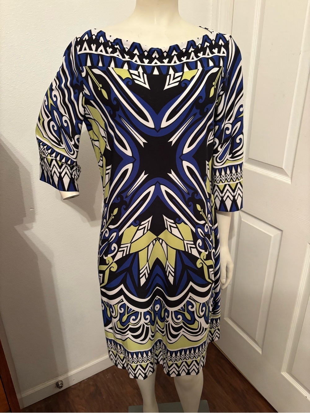 Dressbarn Boatneck Blue & Black Printed Shift Dress 12